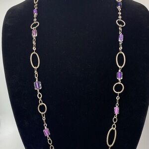 Elegant Long Silver Tone Necklace with Purple Glass Beads